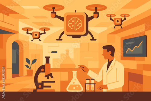 Research bubbles icon ai monitoring colors geometric labels numbers vector facility text