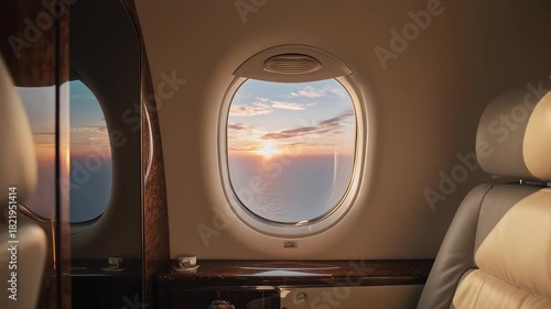 Golden Sunset View from Private Jet Window during a Luxurious Flight.