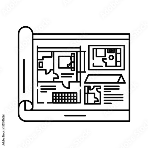 Architectural floor plan blueprint document rolled out design