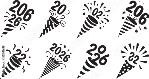 Collection of Eight New Year's Eve Party Poppers with Year Numbers and Confetti Keywords: New Year, celebration, party, popper, confetti, streamer, year, 2022, 2026, 2025, event, festive, holiday