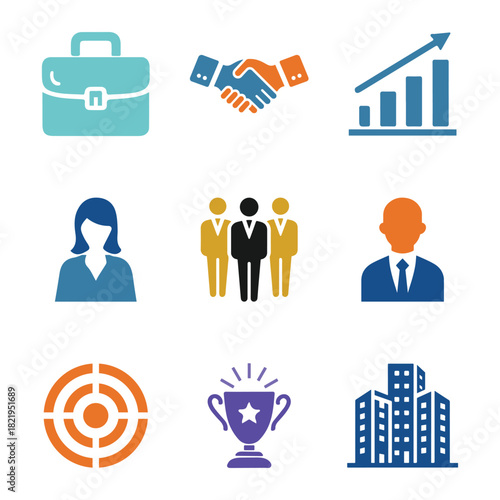 Set of business growth and corporate strategy icons for corporate templates, pitch decks, presentations, business pages.