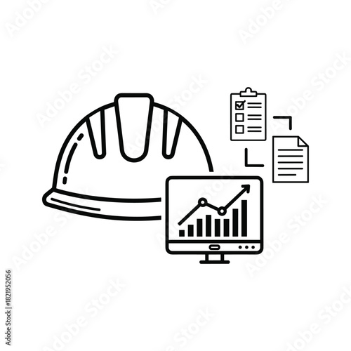 Construction management, safety, and project data analysis icon.