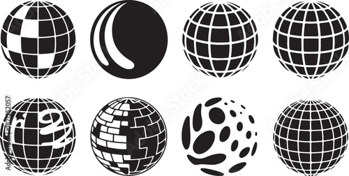 Collection of Eight Stylized Globe Icons in Black and White with Various Patterns Keywords: globe, world, earth, map, planet, sphere, grid, abstract, design, icon, symbol, graphic, illustration