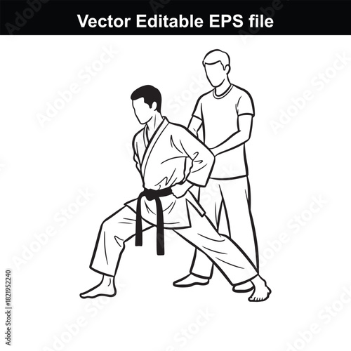 Two martial arts practitioners in a dojo, one demonstrating a stance while the other observes, isolated on white background