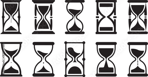 Collection of hourglass icons in various stages of sand flow and design styles Keywords: hourglass, sand timer, time, measurement, countdown, deadline, timekeeping, duration, seconds, minutes
