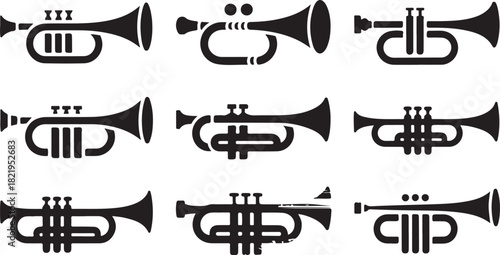 Collection of nine black trumpet silhouettes with white background brass instrument musical instrument