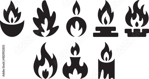 Collection of seven black silhouette icons representing flames and burning candles on a white background