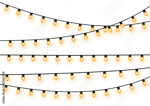 Warm glowing yellow string lights hanging in multiple curved rows creating festive decorative illumination for celebrations parties events on transparent background holiday light design