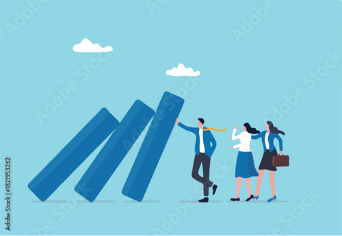 Reliability, trustworthy or skillful leadership protect or solve problem, trust or work responsible, supported partner concept, reliable businessman leader protect domino from collapse on colleagues