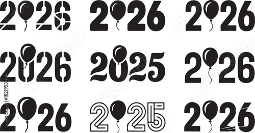 Collection of stylized numbers 2025 and 2026 with balloons and stencil effects Keywords: 2025, 2026, new year, celebration, balloon, party, stencil, typography, graphic, design, year, numbers