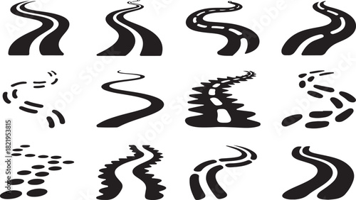 Collection of stylized winding road and path icons with white background curve journey