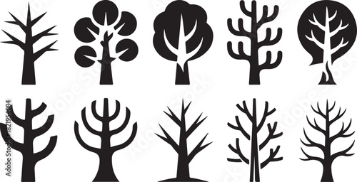Collection of Ten Stylized Black Tree Silhouettes in Various Shapes and Forms Keywords: tree, silhouette, black, icon, nature, symbol, design, graphic, illustration, art, shape, form, branch