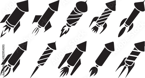 Collection of Ten Black Rocket Ship Silhouettes with Flame Trails on White Background spaceship spacecraft