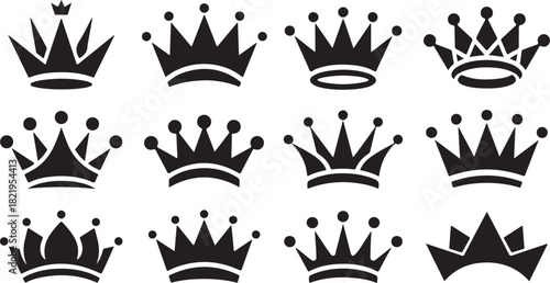 Collection of Twelve Black Silhouette Crowns on a White Background royal regal