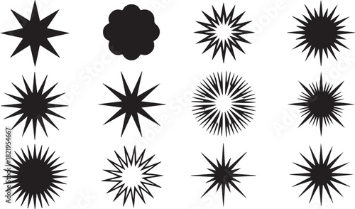 Collection of twelve black starburst and abstract explosion shapes Keywords: starburst, explosion, star, shape, abstract, graphic, design, element, icon, symbol, burst, radial, spiky, sharp