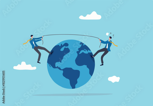 Geopolitics, compete to be world leader, power to gain advantage from world economics or international trade and commercial concept, businessmen countries pulling tug of war on world planet earth.