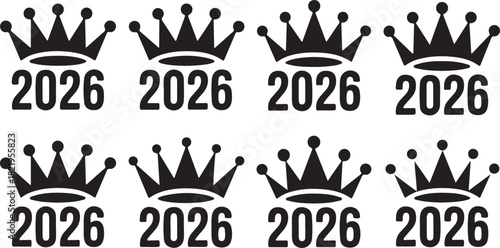 Eight Black and White Crown Icons with the Year 2026 Below Each Crown Keywords: crown, 2026, king, queen, royalty, symbol, icon, graphic, illustration, design, vector, silhouette, black and white