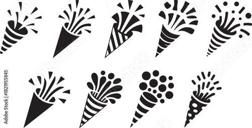Eight black and white silhouette icons of party poppers with different confetti and streamer patterns Keywords: party popper, confetti, streamer, celebration, icon, silhouette, black and white