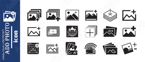 Add photo collection icon, photography and image gallery sign, stack of photos with plus symbol