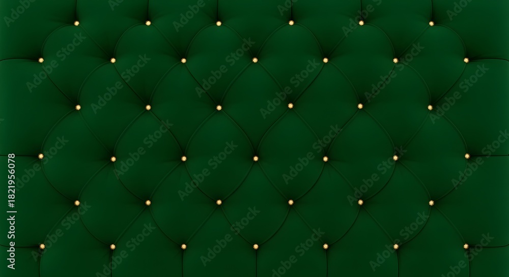 Fototapeta premium Luxurious dark green velvet tufted upholstery texture with elegant gold buttons, creating a sophisticated and classic background pattern for interior design