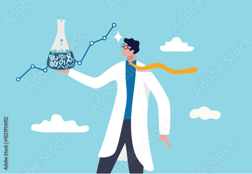 Data scientist, machine learning or deep learning to analyze data for insight use for business development concept, businessman with scientist suit holding laboratory tube with digital data experiment