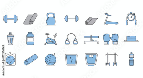 Fitness and gym equipment icon set in blue and gray outline style. includes dumbbells, yoga mats, treadmills, boxing gloves, workout accessories. Vector