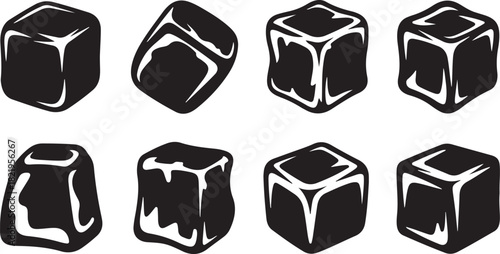 Eight black silhouette ice cubes with frosty texture on white background Keywords: ice, ice cube, frozen, cold, drink, beverage, refreshment, water, cube, geometric, shape, solid, clear