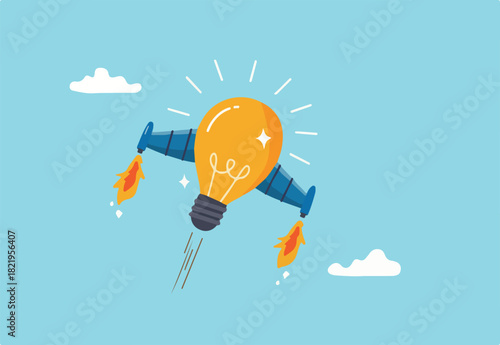 Boost creative idea, imagination, innovation or technology to help success, invent new solution to win business competition concept, bright lightbulb idea with rocket booster flying fast into the sky