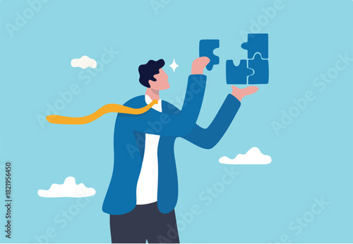 Solve problem or solution to achieve business success, decision, creativity or skill to overcome difficulty and finish work concept, smart businessman solving jigsaw puzzle problem