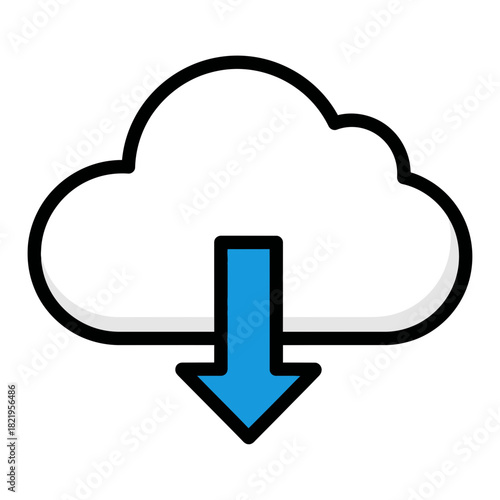 Blue cloud download arrow symbol showing digital storage, data transfer, and cloud-based file access