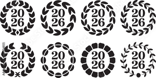 Eight Circular Laurel Wreath Designs Featuring the Year 2026 in Black Silhouette Keywords: 2026, year, new year, celebration, wreath, laurel, leaves, circular, design, graphic, element, silhouette