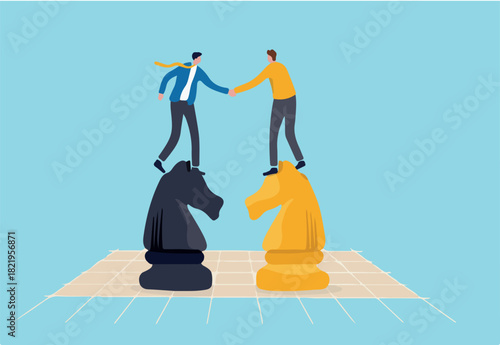 Negotiation skill to deal with competitor, agreement or partnership decision, collaboration strategy to success together concept, businessman leader shaking hand on knight chess metaphor of agreement.