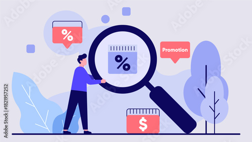 Person Searching Promotional Items with Giant Magnifying Glass – Flat Pastel Illustration