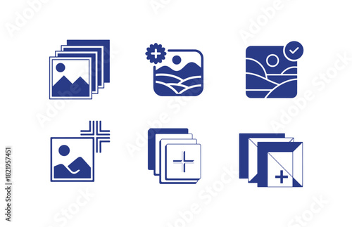 Set of six blue add photo icons including multiple images, landscapes with plus signs and check marks