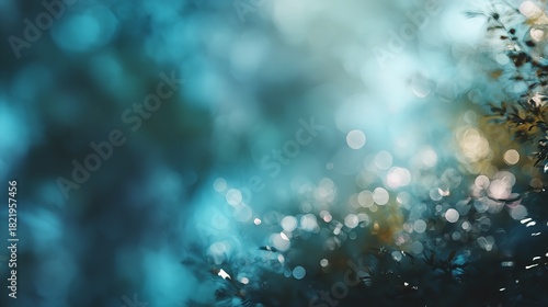 Christmas holiday decoration background with glowing blue snow and water drops texture on window glass