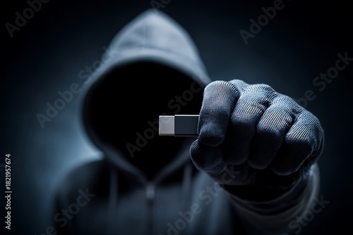 Hacker holding usb drive, data theft concept
