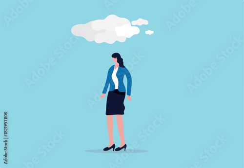 Brain fog causing mental problem or struggle, work anxiety or stress make confusion or depression concept, confused office businesswoman walking with brain fog, smoke or cloud covered her head. 