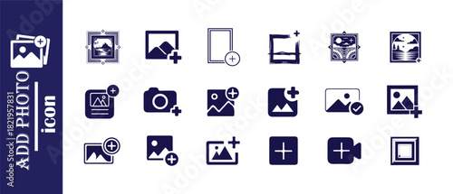 Comprehensive collection of add photo icons in various styles, including frames, cameras, and landscapes