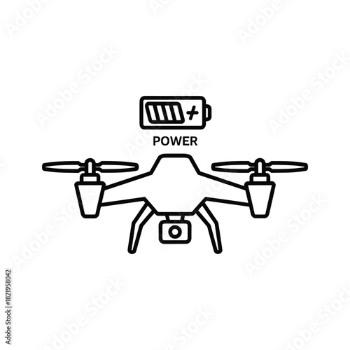 Drone quadcopter icon with battery power level indicator symbol.