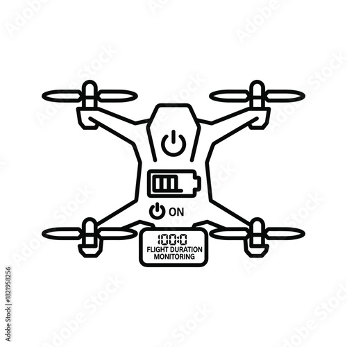 Drone flight duration, battery, power on status monitor icon.