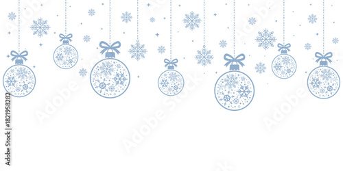 Elegant Christmas header or banner design featuring a line of hanging blue/white ornaments and snowflakes along the top edge. The festive border on a white background leaves large copy space below 