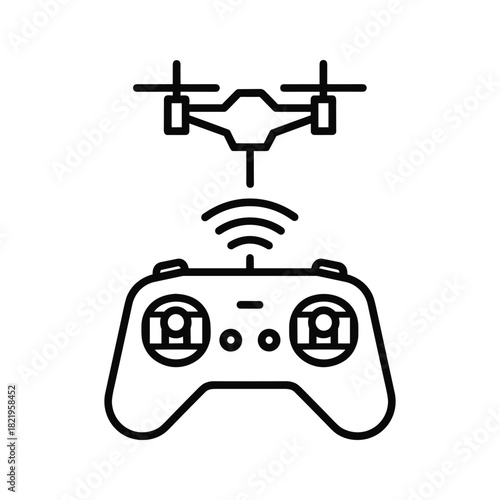 Modern drone controller and flying quadcopter signal line icon