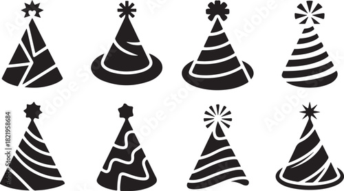 Set of Black Silhouette Party Hat Icons with Decorations birthday hat celebration hat