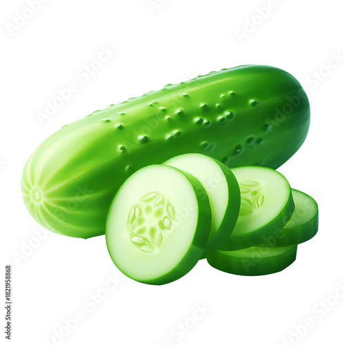 Fresh Whole Cucumber with Slices Isolated on White Background and transparent 