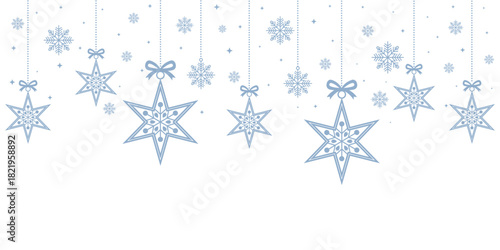Elegant Christmas header or banner design featuring a festive border of large and small hanging  blue star ornaments, accented with snowflakes. 