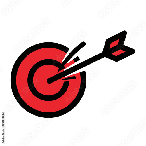 Red target with arrow hitting the center representing accuracy, focus, precision and goal achievement themes