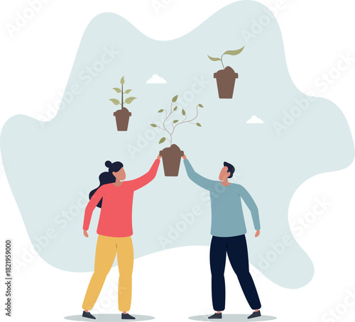 People characters planting tree seedling. Characters trying to save planet earth from climate change.life and employment of people.
