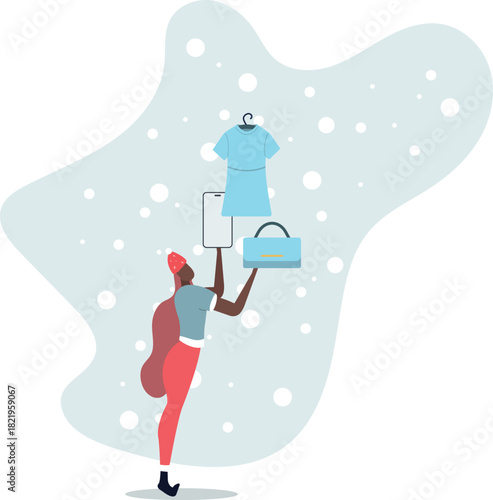 buying recycling eco friendly clothes and textile consciously. woman chooses dress and bag online.life and employment of people.