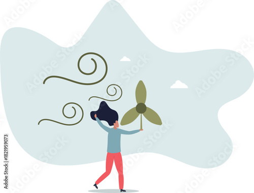 Sustainable development concept. character showing benefits of green industry,windmill and electricity production.life and employment of people.