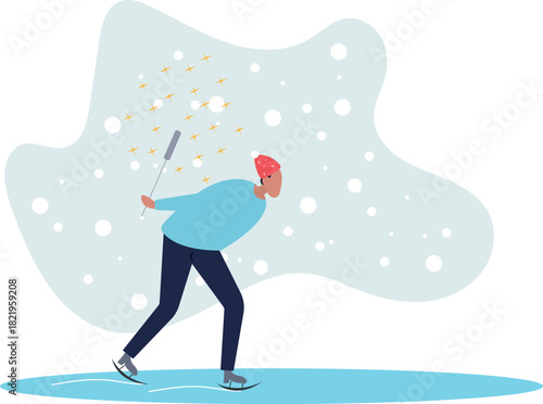 A man with a sparkler skates on ice. Winter and entertainment concept.